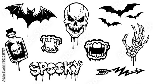 A collection of spooky black and white vector illustrations featuring bats, skulls, vampire fangs, a poison bottle, a skeleton hand, and the word 'SPOOKY' with dripping effects.