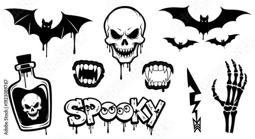 A collection of spooky black and white Halloween-themed vector illustrations including flying bats, a menacing skull, vampire teeth, a poison bottle, and a skeleton hand.