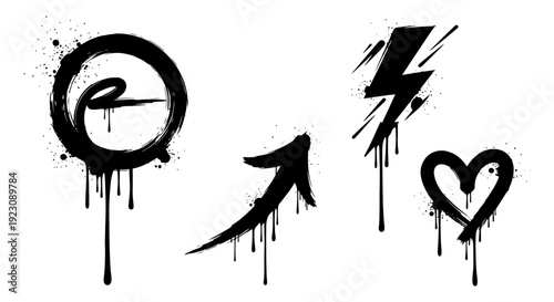 Set of black graffiti style symbols with dripping paint effect including a circle, arrow, lightning bolt, and heart on a white background.