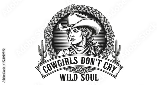 Strong Cowgirl Portrait in Western Hat with "Cowgirls Don't Cry Wild Soul" Text in Vintage Badge on Isolated White Background