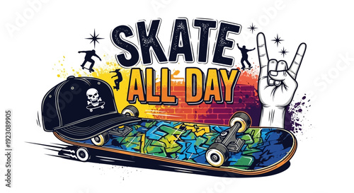 Dynamic 'Skate All Day' Illustration Featuring a Skateboard, Skull Baseball Cap, and Rock On Hand Gesture, Urban Street Art Theme with Brick Wall Background