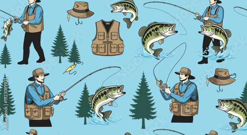 Seamless pattern with men fishing, large bass fish, fishing rods, hats, and pine trees on a light blue background