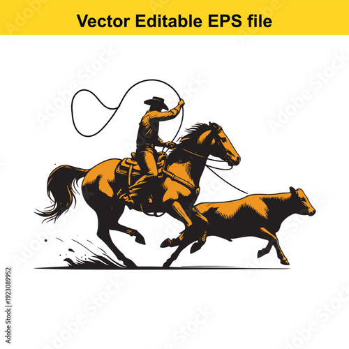 Cowboy Lassoing Cow Vector Illustration on White Background