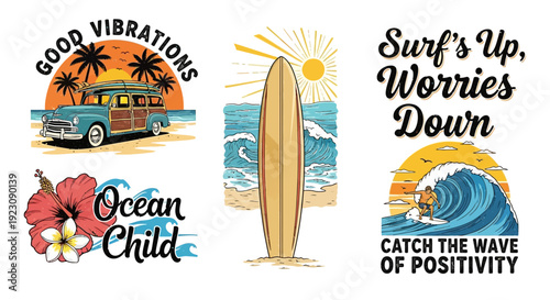 Collection of vibrant summer beach and surf themed illustrations with vintage van, surfboard, waves, flamingo, and hibiscus flower on an isolated white background