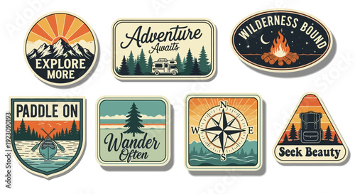 Set of adventure and camping outdoor badges with mountains, forest, lake, and compass on an isolated white background