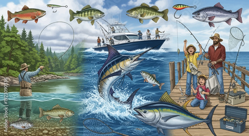 Happy Family Fishing on a Pier, Catching Large Fish with a Boat in the Background, Joyful Outdoor Activity