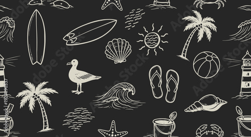 Seamless Outline Pattern with Summer Beach and Sea Elements on Dark Gray Background