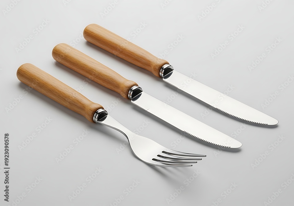 Fototapeta premium Set of three wooden handled knives and fork on gray surface