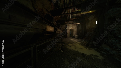 фотографія abandoned engine room bathed in amber glow, heavy machinery and corroded pipes d