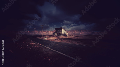 Fotografie Stormy night cottage beside empty road, ominous clouds rolling over barren field