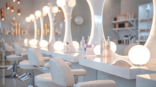 A photo of beauty salon mirrors with soft lighting. ,