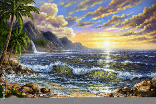 Tropical Ocean Sunset Oil Painting Landscape with Palm Trees and Waterfall, Dramatic Seascape at Golden Hour with Coastal Mountains and Waves