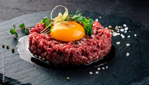 Juicy Steak Tartare Topped With Raw Egg Yolk Dark Stone Surface