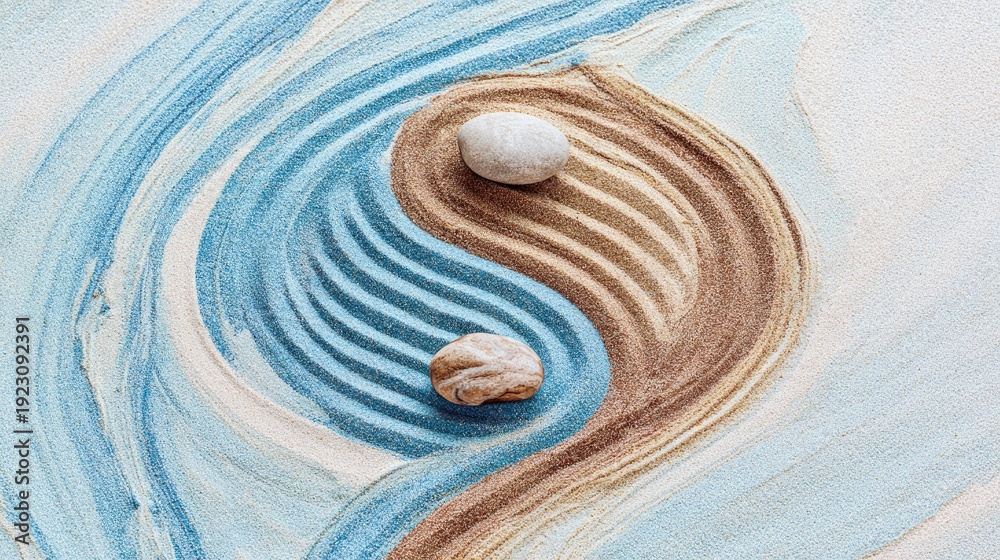 Naklejka premium Abstract yin yang symbol formed with sand and pebbles on textured surface