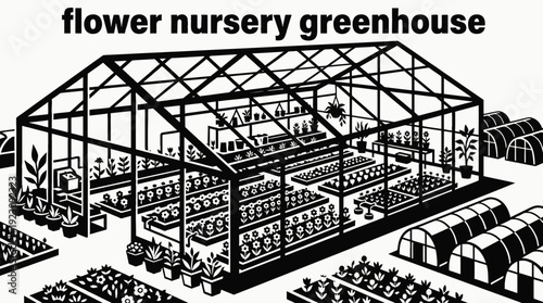 large greenhouse agriculture farming plant cultivation flower crop environment irrigation rural organic industry nursery design vector illustration