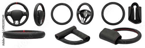 фотографія Set and collection of modern black leather steering wheels and protective steeri