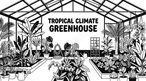 tropical greenhouse agriculture farming plant cultivation exotic crop environment irrigation controlled climate industry design vector illustration