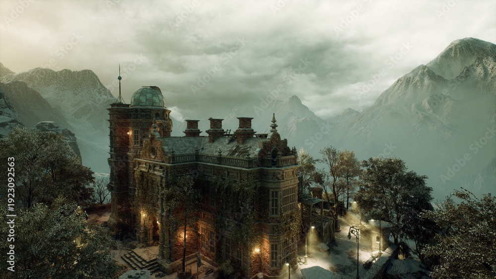 Fototapeta premium Lanternlit castle courtyard glimmering under clouds, cobbled pathway, ornate gate and columns, warm window lights, trees and stone walls, cinematic evening