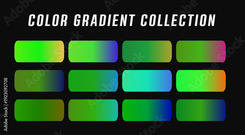Color Gradient Collection. Includes 12 rectangular gradient swatches with various color transitions. Created in modern style with green, blue, yellow, and pink palettes.