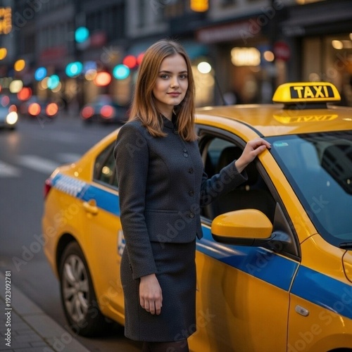 beautiful young English woman driving a taxi cab, AI generated