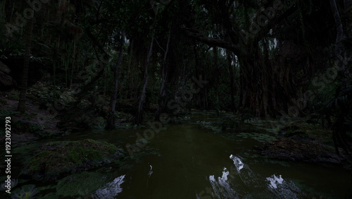 фотографія midnight swamp glassy water reflecting sparse moonlight and trunks, deep shadows