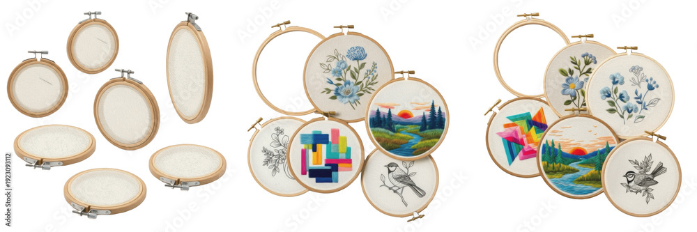 © masterimages - Set and collection of wooden embroidery hoops with blank fabric and colorful needlepoint designs featuring flowers, birds, and landscapes for hobby and craft projects isolated on white transparent PNG © masterimages - Set and collection of wooden embroidery hoops with blank fabric and colorful needlepoint designs featuring flowers, birds, and landscapes for hobby and craft projects isolated on white transparent PNG