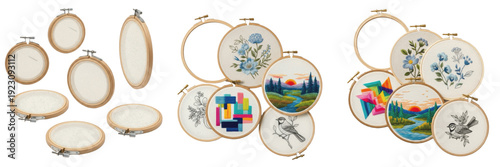 Konstfotografi Set and collection of wooden embroidery hoops with blank fabric and colorful nee