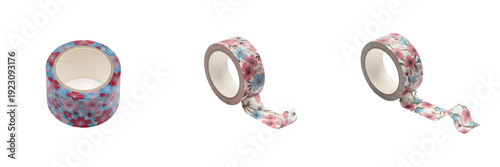 Photos Set and collection of decorative washi tape rolls with floral patterns in variou