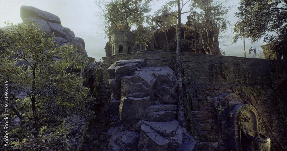 Fototapeta premium Stone watchtower terrace with warm glow from inside, circular turret and small garden terraces blend with rugged rock, intimate retreat setting for writer