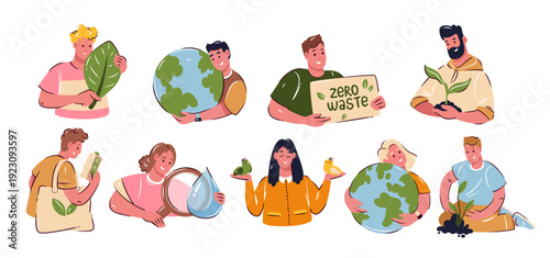 Eco lifestyle people set with environmental actions, recycling habits, zero waste concept, planet care, sustainable living scenes, green awareness characters. Cartoon vector illustration.