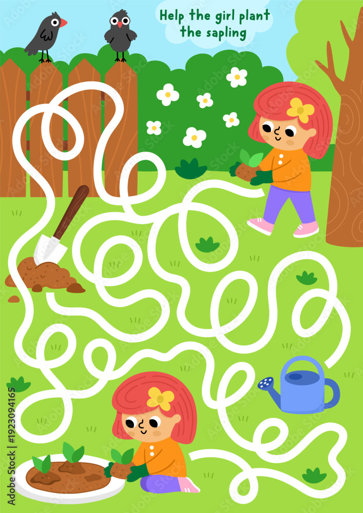 Fototapeta premium Garden maze with girl bringing baby plant to the flower bed. Simple labyrinth game. Spring country house printable activity or worksheet with gardener child doing gardening works