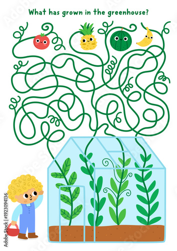 Garden maze with boy and greenhouse with exotic plants. Simple labyrinth game. Spring country house printable activity or worksheet with gardener child. What has grown in green house