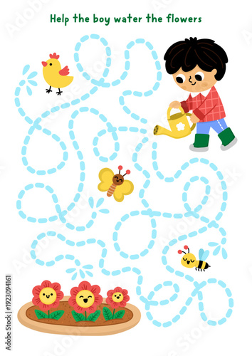 Garden maze with boy watering flowers. Simple labyrinth game. Spring country house printable activity or worksheet with gardener child doing gardening works, butterfly, bee, chick