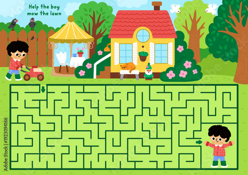 Garden maze with boy mowing grass with mower. Simple labyrinth game with nature scene. Spring country house printable activity worksheet with gardener child doing gardening works
