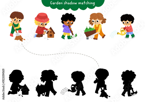 Garden shadow matching activity with children gardeners. Spring puzzle with cute kids with spade, watering can, rake. Find correct silhouette printable worksheet, game, page for kids