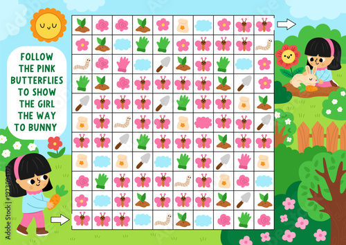 Garden maze, seek and find game with spring, summer landscape. Attention skills puzzle. Country house printable activity. Logical searching puzzle. Follow pink butterflies to show girl way to bunny