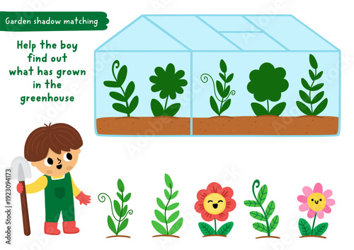 Garden shadow matching activity with boy gardener and greenhouse with flowers and plants. Spring puzzle for kids. Find correct silhouette printable worksheet, game, page for children