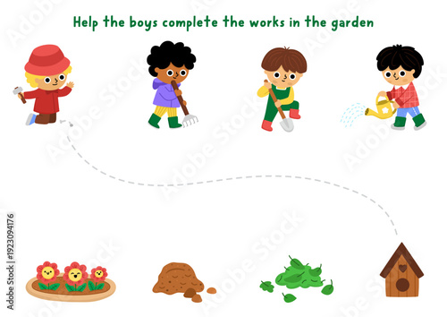 Garden matching activity with cute kid gardeners and their tools. Spring puzzle with boys with spade, rake, hummer, watering can. Match objects game, printable worksheet, puzzle with children