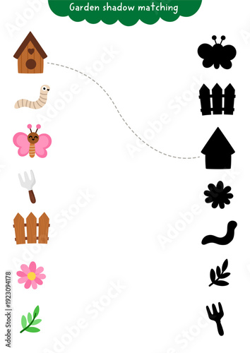 Garden shadow matching activity with birdhouse, worm, butterfly, fork, fence, flower. Spring puzzle for kids. Find correct silhouette printable worksheet, game, page for children