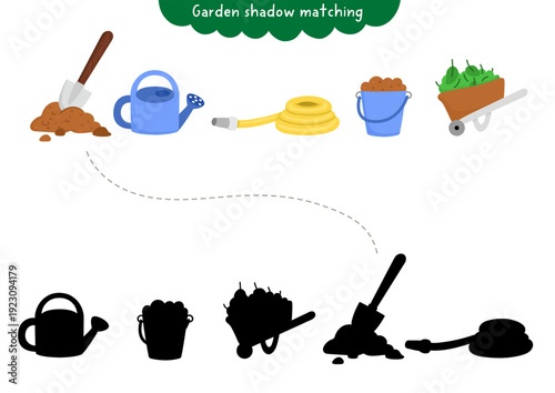 Garden shadow matching activity with gardening tools. Spring puzzle with spade, watering can, wheelbarrow, hose. Find correct silhouette printable worksheet, game, page for kids