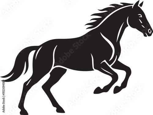 Black horse silhouette galloping isolated on a white background.