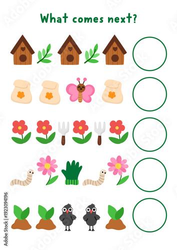 What comes next. Garden logical activity for preschool children with gardening symbols. Spring logic succession worksheet. Continue the row game with birdhouse, flower, worm, glove, butterfly