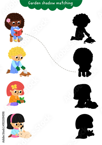 Garden shadow matching activity with children gardeners. Spring puzzle with cute kids planting seedling, reading book, digging. Find correct silhouette printable worksheet, game, page