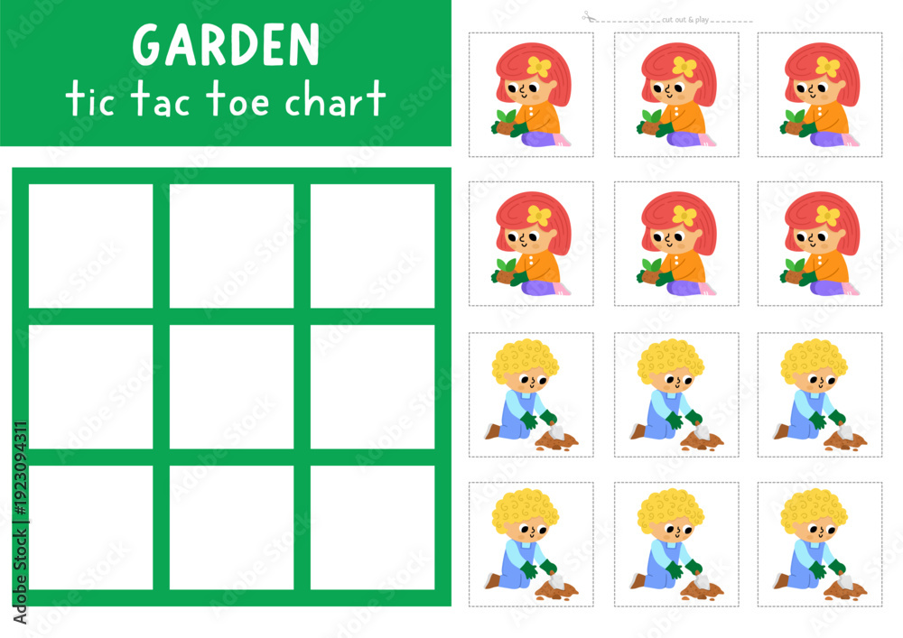 Fototapeta premium Vector garden tic tac toe chart with kids gardeners. Spring board game playing field with cute characters. Funny printable worksheet. Noughts and crosses grid with boy, girl planting seed