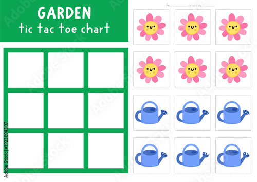 Vector garden tic tac toe chart with watering can and smiling kawaii flower. Spring board game playing field with cute plant and tool. Funny printable worksheet. Noughts and crosses grid