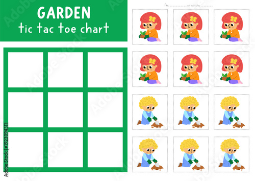 Vector garden tic tac toe chart with kids gardeners. Spring board game playing field with cute characters. Funny printable worksheet. Noughts and crosses grid with boy, girl planting seed
