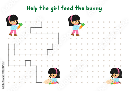 Garden drawing, writing, tracing, space orientation activity for kids with girl feeding bunny with carrot. Draw lines in box according example. Spring printable game, puzzle with child gardener