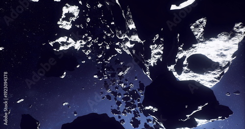 Quadro su tela dark asteroid field drifting through space, survey probe maps tumbling rocks and