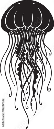  Line art jellyfish illustration with flowing tentacles.
