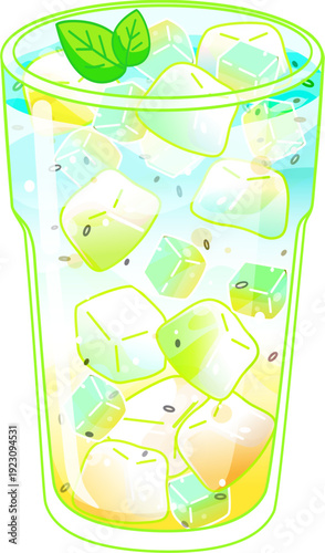 Refreshing Blue Ocean Soda with Lemon Slices Basil Seeds and Mint Leaves in Glass